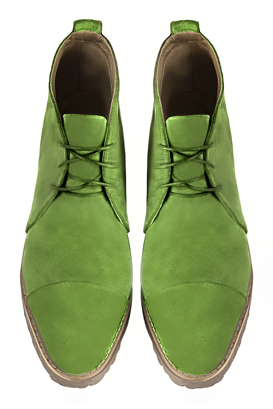 Grass green women's ankle boots with laces at the front. Round toe. Flat rubber soles. Top view - Florence KOOIJMAN